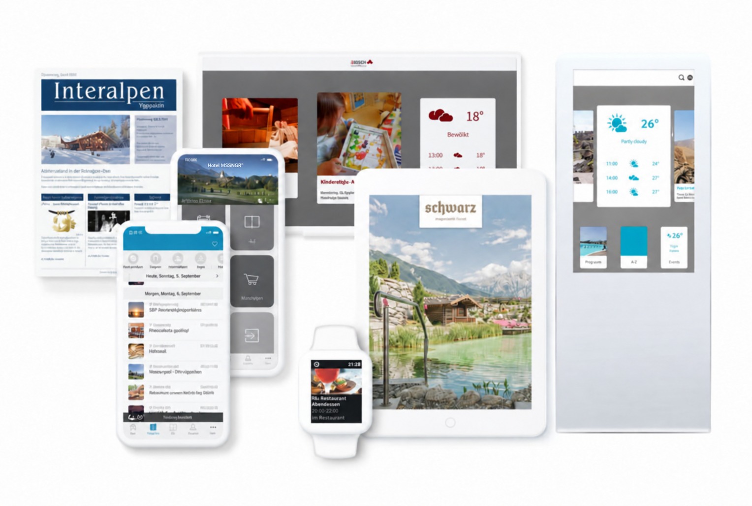 Hotel guest communication channels shown on devices and a printed hotel newspaper