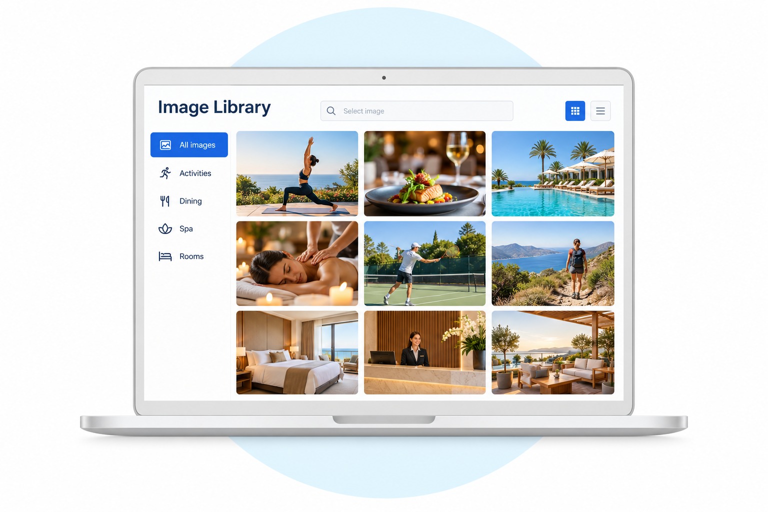 Illustrative English hotel image library with activity, dining, spa and room photos