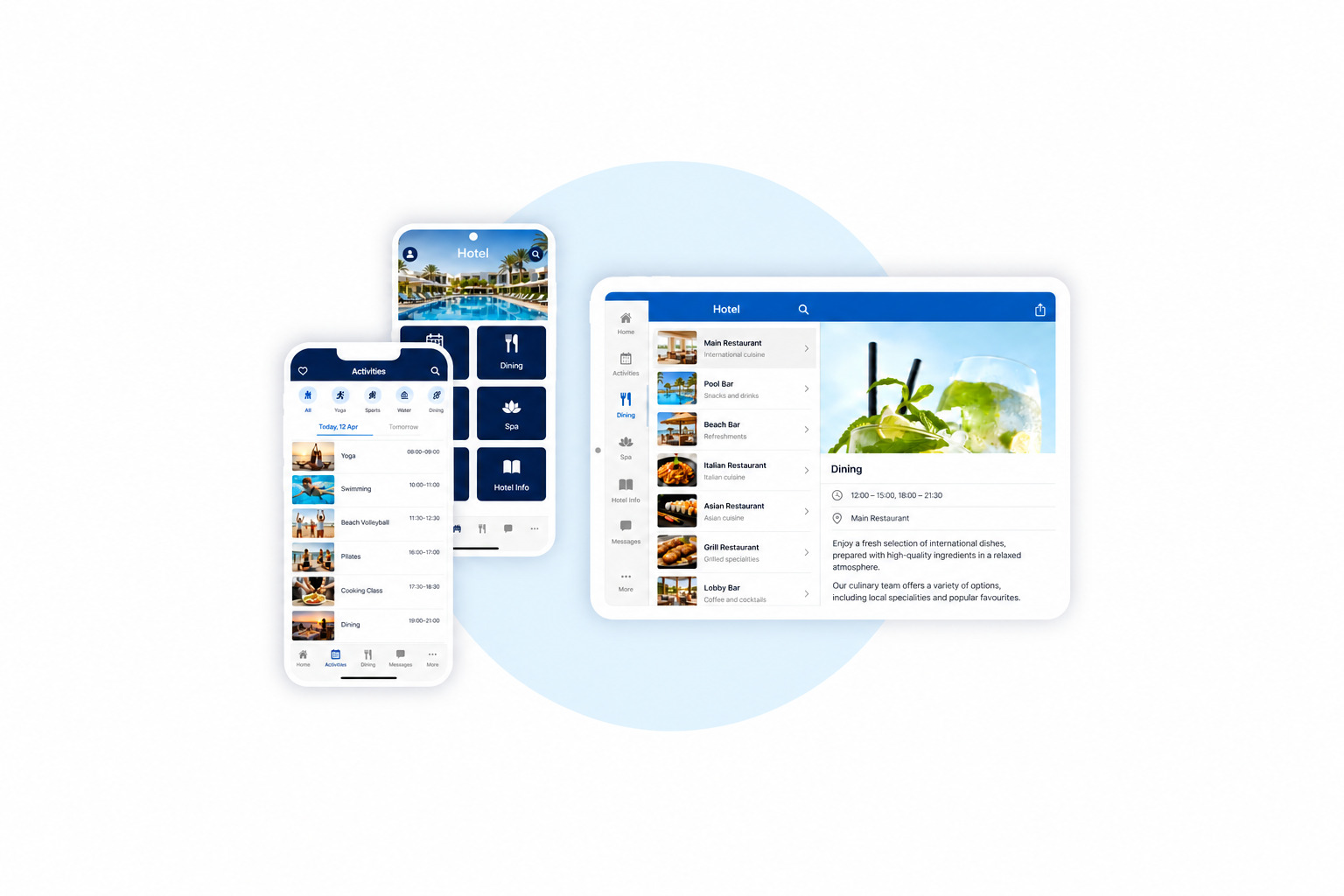 Illustrative hotel guest apps on smartphones and a tablet