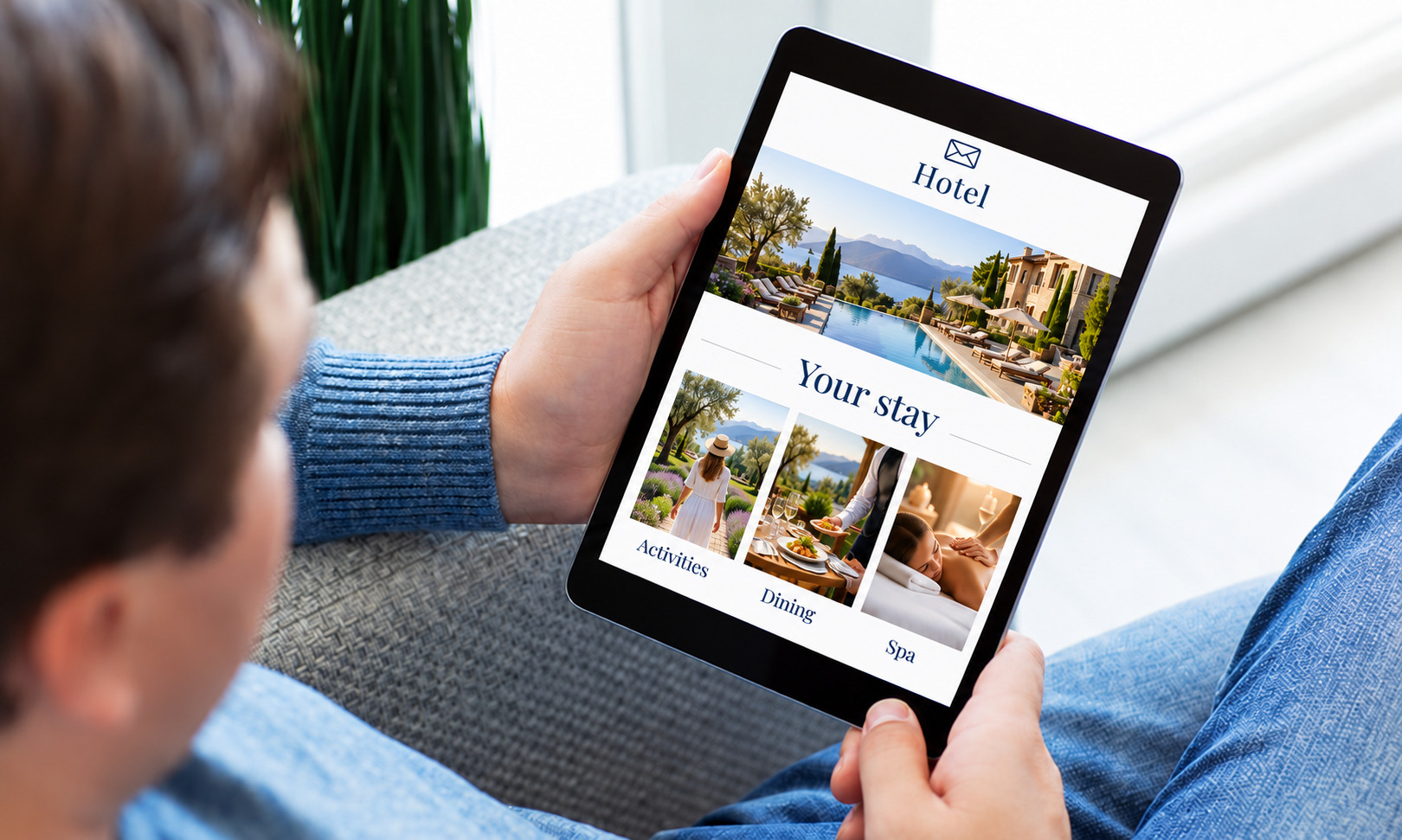 Illustrative hotel pre-arrival email with activities, dining and spa content on a tablet