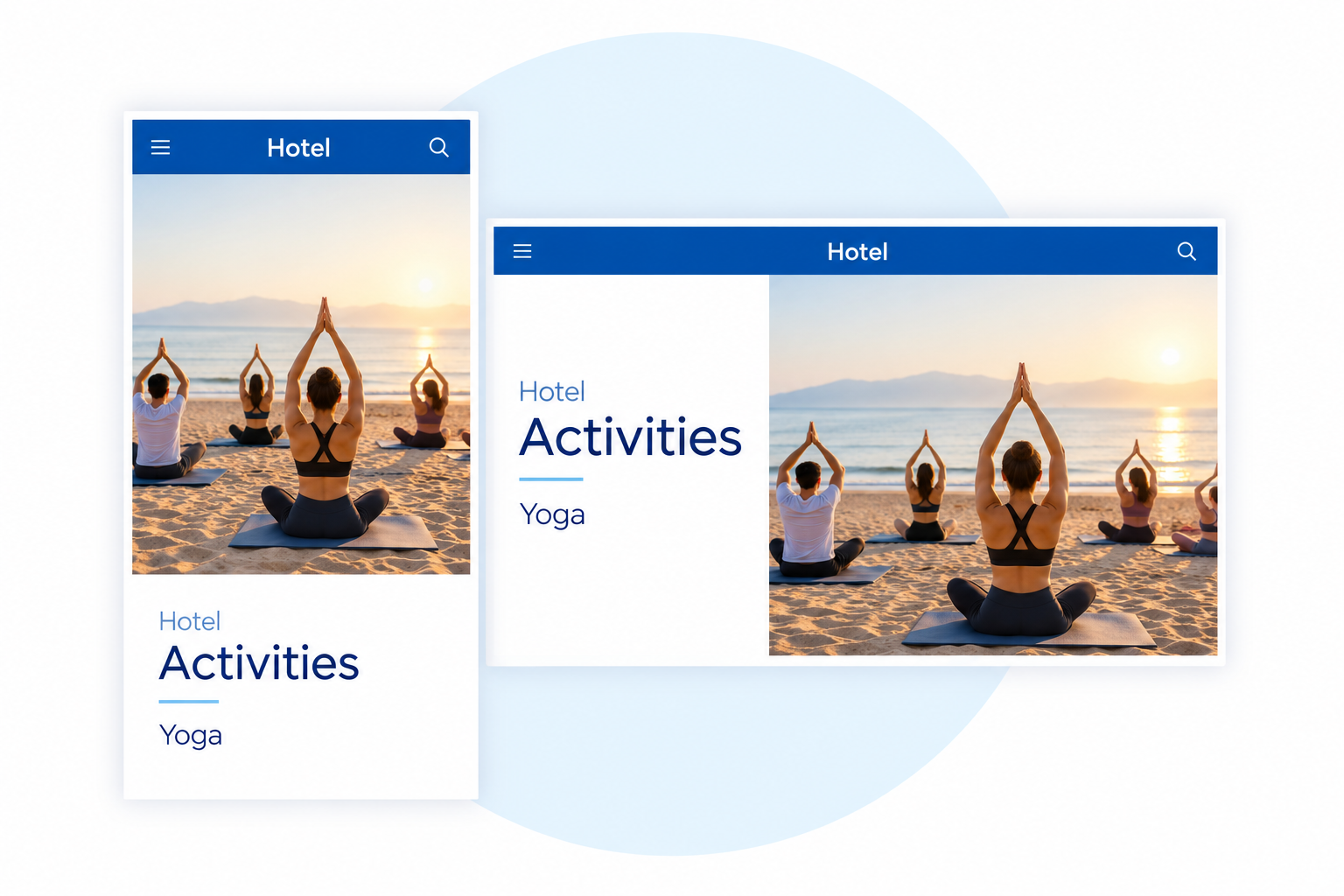 Illustrative English hotel activity content in portrait and landscape formats